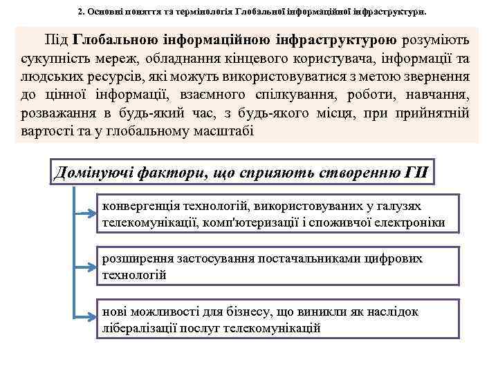 2. Основні поняття та термінологія Глобальної інформаційної інфраструктури. Під Глобальною інформаційною інфраструктурою розуміють сукупність