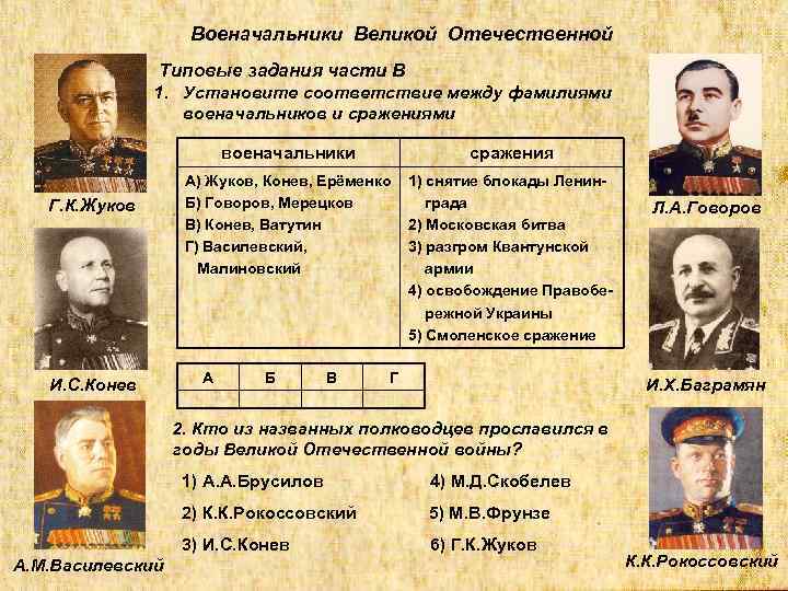 Военачальники Великой Отечественной Типовые задания части В 1. Установите соответствие между фамилиями военачальников и
