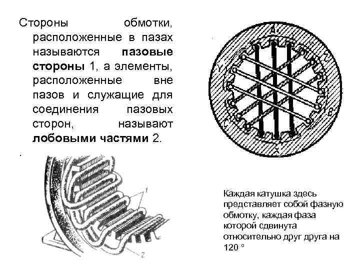 Стороны обмотки, расположенные в пазах называются пазовые стороны 1, а элементы, расположенные вне пазов
