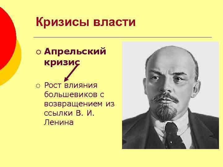 Кризисы власти ¡ ¡ Апрельский кризис Рост влияния большевиков с возвращением из ссылки В.