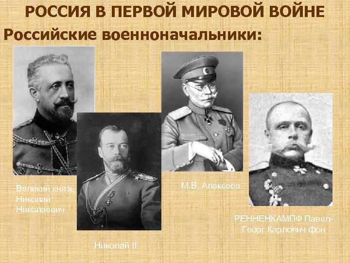 РОССИЯ В ПЕРВОЙ МИРОВОЙ ВОЙНЕ Российские военноначальники: М. В. Алексеев Великий князь Николай Николаевич