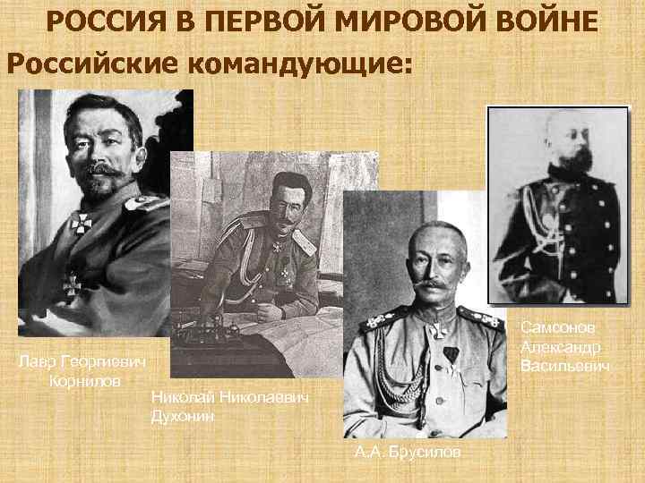 РОССИЯ В ПЕРВОЙ МИРОВОЙ ВОЙНЕ Российские командующие: Лавр Гео ргиевич Корни лов Самсонов Александр