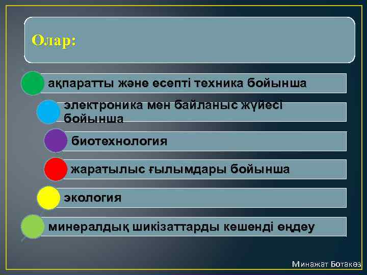 Олар: ақпаратты және есепті техника бойынша электроника мен байланыс жүйесі бойынша биотехнология жаратылыс ғылымдары