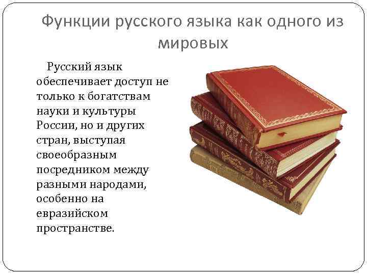 Функции русского языка как одного из мировых Русский язык обеспечивает доступ не только к