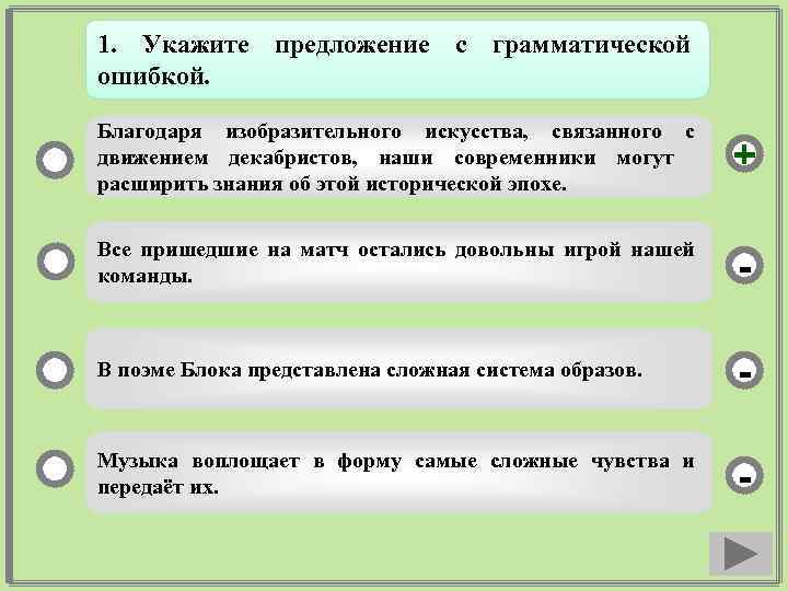 1. Укажите предложение с грамматической ошибкой. Благодаря изобразительного искусства, связанного с движением декабристов, наши