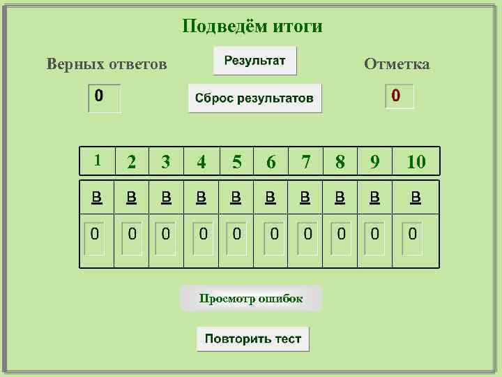 Подведём итоги Верных ответов Отметка 1 2 3 4 5 6 7 8 9