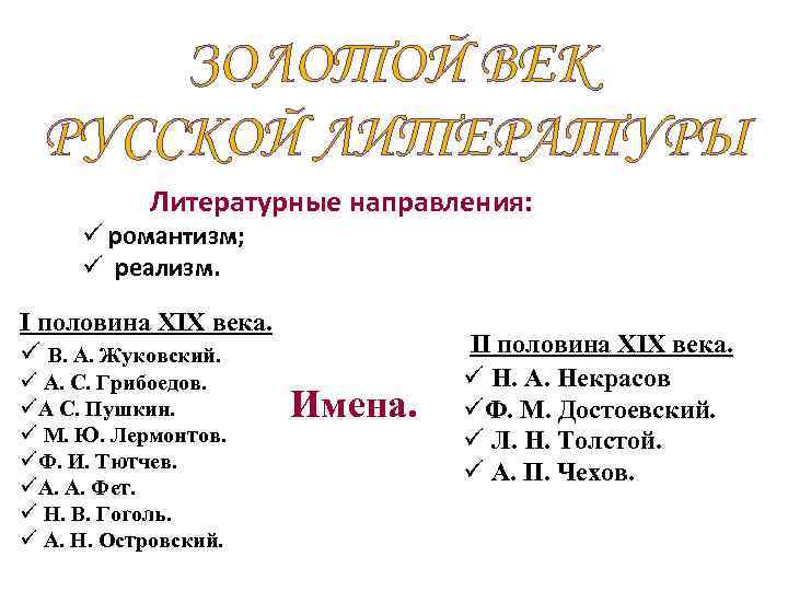 ЗОЛОТОЙ ВЕК РУССКОЙ ЛИТЕРАТУРЫ Литературные направления: ü романтизм; ü реализм. I половина XIX века.