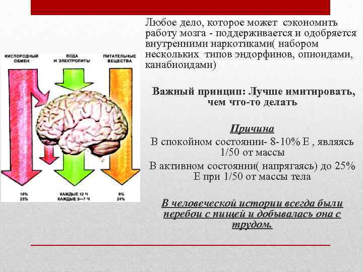 Любое дело, которое может сэкономить работу мозга - поддерживается и одобряется внутренними наркотиками( набором