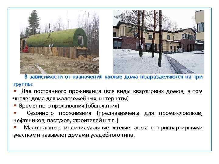 В зависимости от назначения жилые дома подразделяются на три группы: § Для постоянного проживания