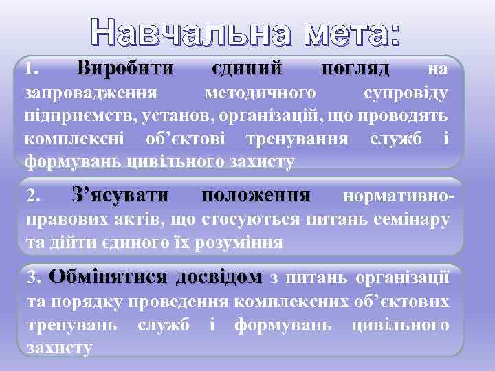 Навчальна мета: 1. Виробити єдиний погляд на запровадження методичного супровіду підприємств, установ, організацій, що