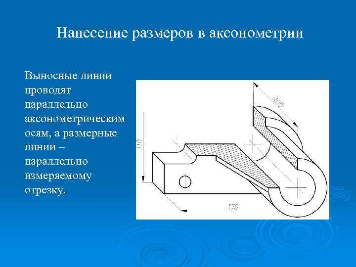 Нанесение размеров в аксонометрии Выносные линии проводят параллельно аксонометрическим осям, а размерные линии –
