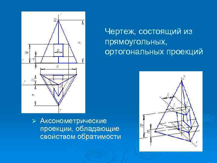 Чертеж, состоящий из прямоугольных, ортогональных проекций Ø Аксонометрические проекции, обладающие свойством обратимости 