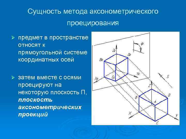 Сущность метода аксонометрического проецирования Ø предмет в пространстве относят к прямоугольной системе координатных осей
