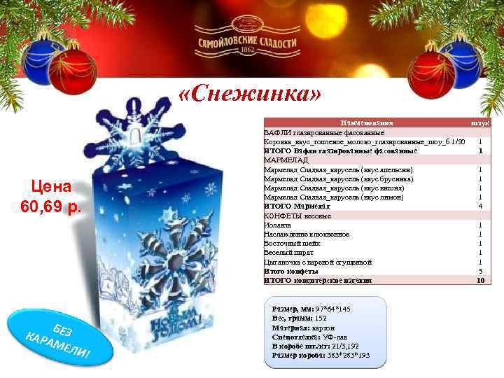  «Снежинка» Цена 60, 69 р. Б КАР ЕЗ АМЕ Л И! Наименования штук