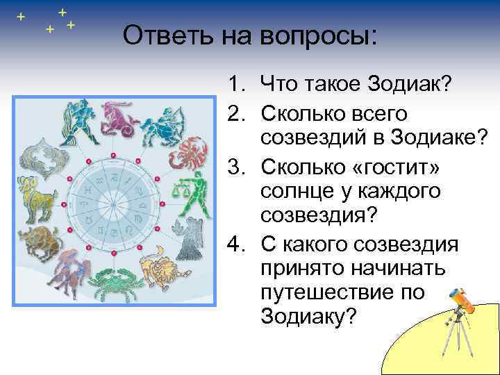 Ответь на вопросы: 1. Что такое Зодиак? 2. Сколько всего созвездий в Зодиаке? 3.
