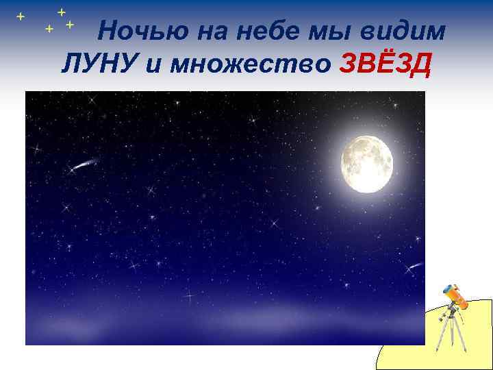 Ночью на небе мы видим ЛУНУ и множество ЗВЁЗД 