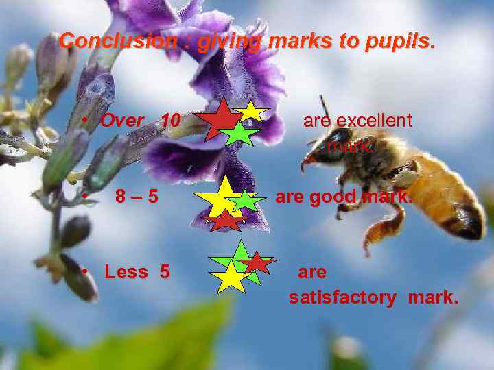 Conclusion : giving marks to pupils. • Over 10 • 8– 5 • Less