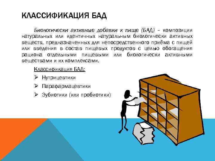 КЛАССИФИКАЦИЯ БАД Биологически активные добавки к пище (БАД) – композиции натуральных или идентичных натуральным
