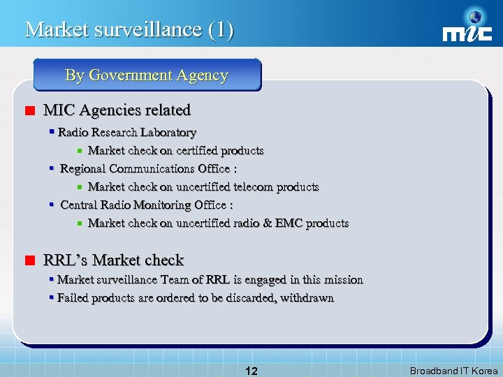 Market surveillance (1) By Government Agency MIC Agencies related § Radio Research Laboratory Market