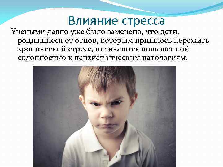 Влияние стресса Учеными давно уже было замечено, что дети, родившиеся от отцов, которым пришлось