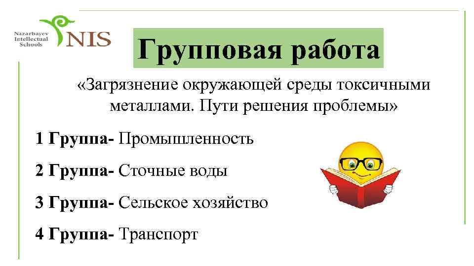 Групповая работа «Загрязнение окружающей среды токсичными металлами. Пути решения проблемы» 1 Группа- Промышленность 2