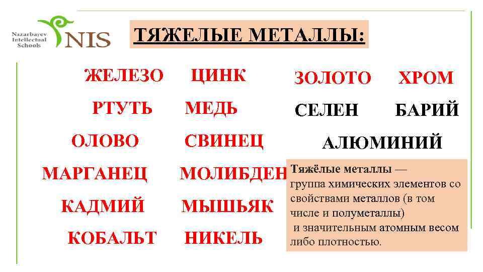 ТЯЖЕЛЫЕ МЕТАЛЛЫ: ЖЕЛЕЗО РТУТЬ ОЛОВО ЦИНК МЕДЬ СВИНЕЦ ЗОЛОТО ХРОМ СЕЛЕН БАРИЙ АЛЮМИНИЙ МАРГАНЕЦ
