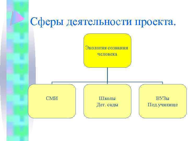 Сферы деятельности проекта. Экология сознания человека СМИ Школы Дет. сады ВУЗы Пед. училище 