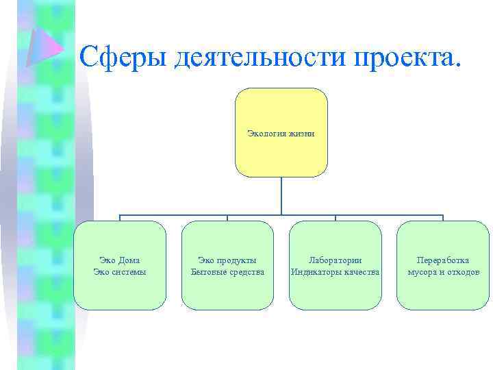 Сферы деятельности проекта. Экология жизни Эко Дома Эко системы Эко продукты Бытовые средства Лаборатории