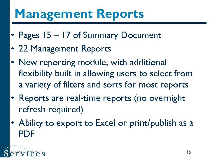 Management Reports • Pages 15 – 17 of Summary Document • 22 Management Reports