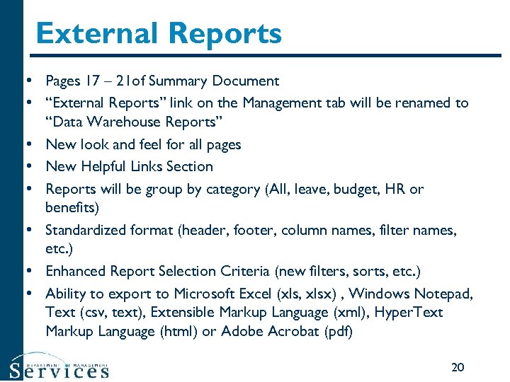 External Reports • Pages 17 – 21 of Summary Document • “External Reports” link