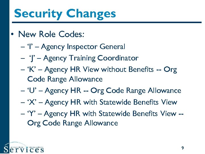 Security Changes • New Role Codes: – ‘I’ – Agency Inspector General – ‘J’