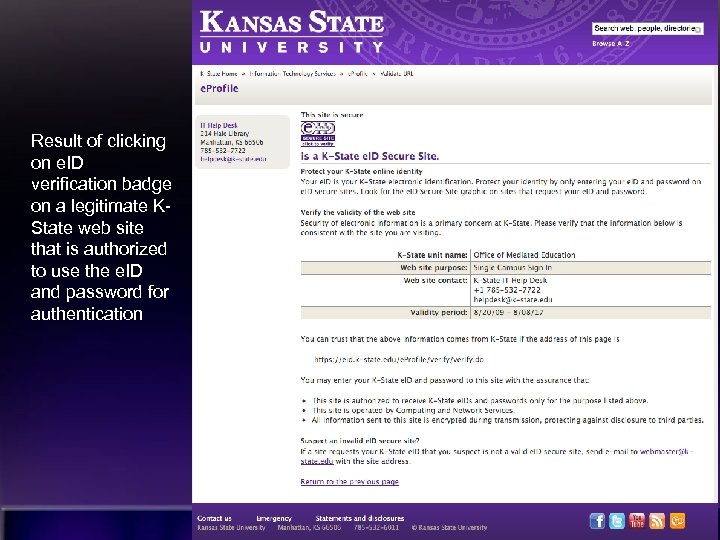 Result of clicking on e. ID verification badge on a legitimate KState web site