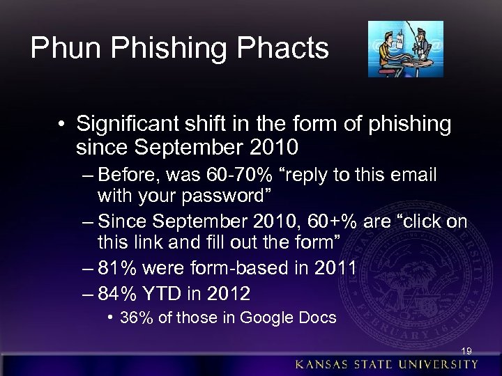 Phun Phishing Phacts • Significant shift in the form of phishing since September 2010