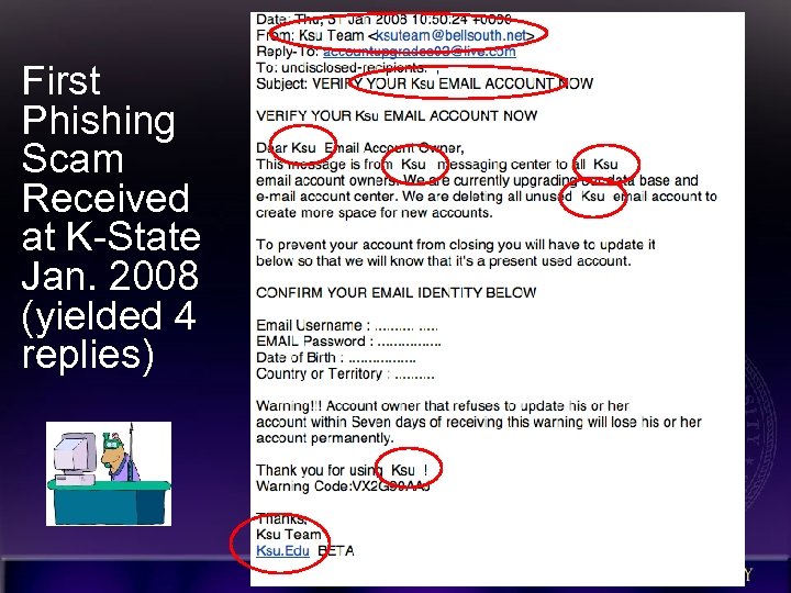 First Phishing Scam Received at K-State Jan. 2008 (yielded 4 replies) 