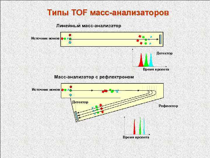 Типы TOF масс-анализаторов Линейный масс-анализатор Источник ионов Детектор Время пролета Масс-анализатор с рефлектроном Источник