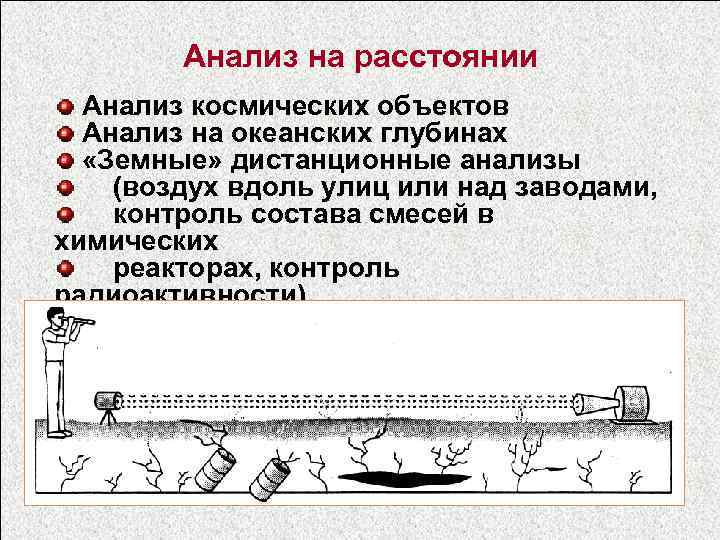 Анализ на расстоянии Анализ космических объектов Анализ на океанских глубинах «Земные» дистанционные анализы (воздух