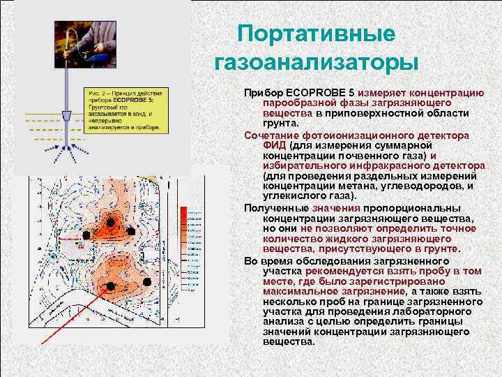 Портативные газоанализаторы Прибор ECOPROBE 5 измеряет концентрацию парообразной фазы загрязняющего вещества в приповерхностной области