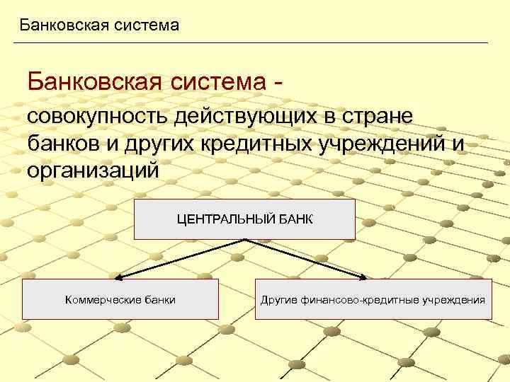 Банковская система совокупность действующих в стране банков и других кредитных учреждений и организаций ЦЕНТРАЛЬНЫЙ