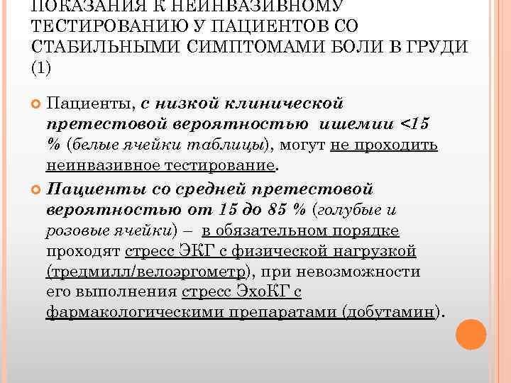 ПОКАЗАНИЯ К НЕИНВАЗИВНОМУ ТЕСТИРОВАНИЮ У ПАЦИЕНТОВ СО СТАБИЛЬНЫМИ СИМПТОМАМИ БОЛИ В ГРУДИ (1) Пациенты,