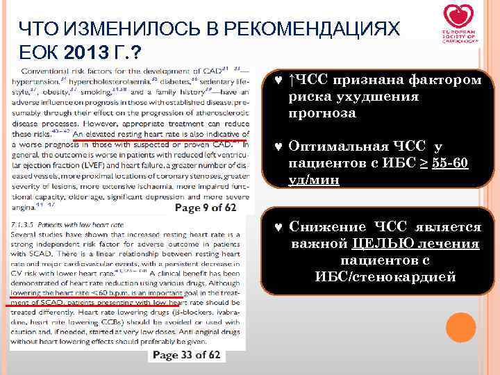 ЧТО ИЗМЕНИЛОСЬ В РЕКОМЕНДАЦИЯХ ЕОК 2013 Г. ? © ↑ЧСС признана фактором риска ухудшения