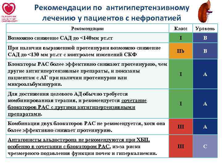 Рекомендации по антигипертензивному лечению у пациентов с нефропатией Рекомендации Класс Уровень I В IIb
