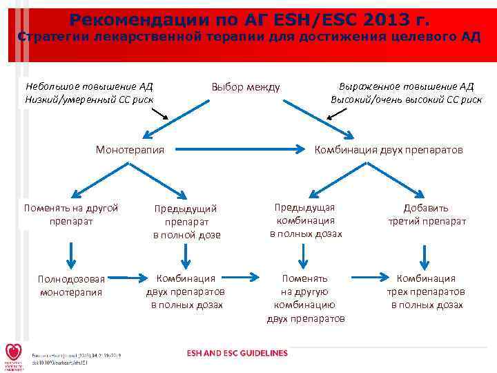 Рекомендации по АГ ESH/ESC 2013 г. Стратегии лекарственной терапии для достижения целевого АД Небольшое