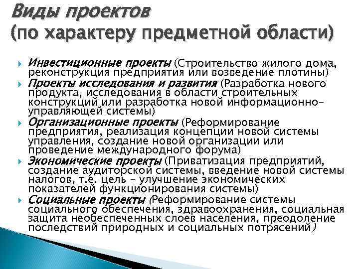 Виды проектов (по характеру предметной области) Инвестиционные проекты (Строительство жилого дома, реконструкция предприятия или