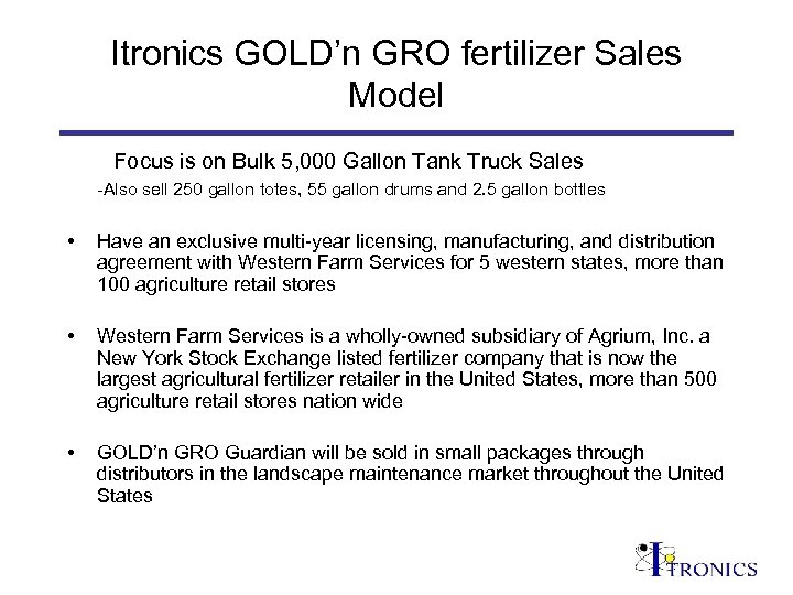 Itronics GOLD’n GRO fertilizer Sales Model Focus is on Bulk 5, 000 Gallon Tank