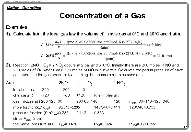 CH 4751 Lecture Notes 8 (Erzeng Xue) Matter - Quantities Concentration of a Gas