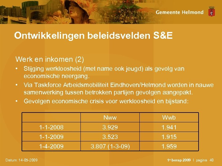 Ontwikkelingen beleidsvelden S&E Werk en inkomen (2) • Stijging werkloosheid (met name ook jeugd)