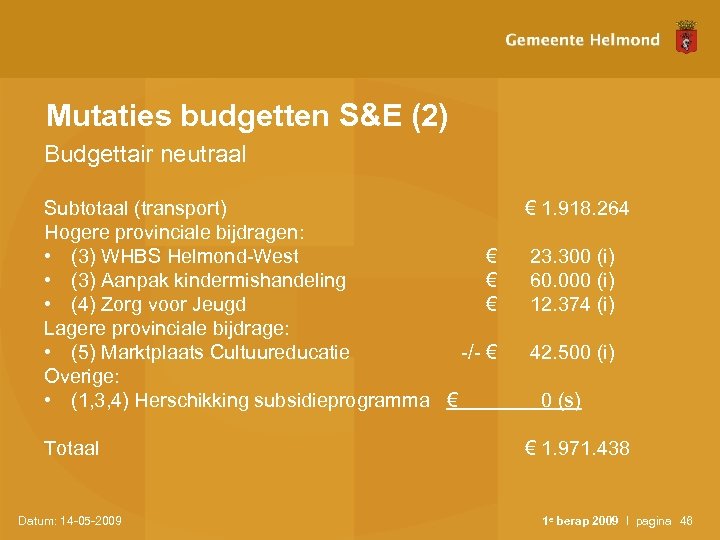 Mutaties budgetten S&E (2) Budgettair neutraal Subtotaal (transport) Hogere provinciale bijdragen: • (3) WHBS