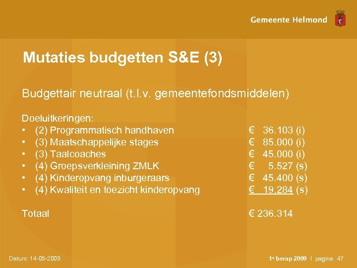 Mutaties budgetten S&E (3) Budgettair neutraal (t. l. v. gemeentefondsmiddelen) Doeluitkeringen: • (2) Programmatisch