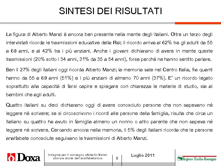 SINTESI DEI RISULTATI La figura di Alberto Manzi è ancora ben presente nella mente