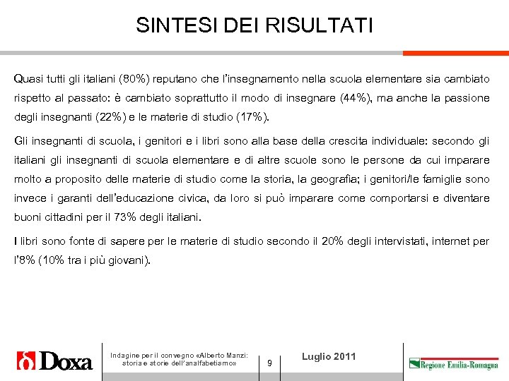 SINTESI DEI RISULTATI Quasi tutti gli italiani (80%) reputano che l’insegnamento nella scuola elementare